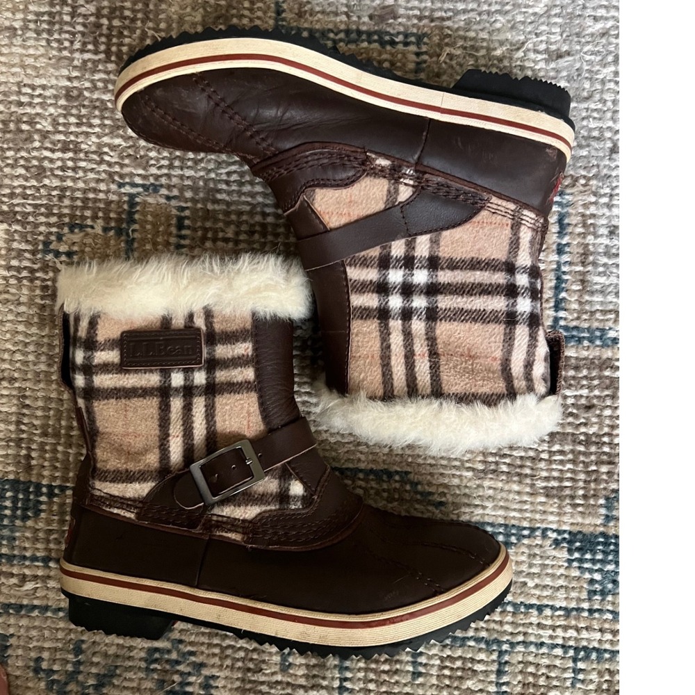 LL Bean Women Brown Bougie Brown Plaid Wool Faux Fur Trim Duck Boots Winter Snow